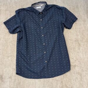 Craft + Flow Mens Navy Cross Dye‎ Short Sleeve Button Down Shirt XL FDCD4